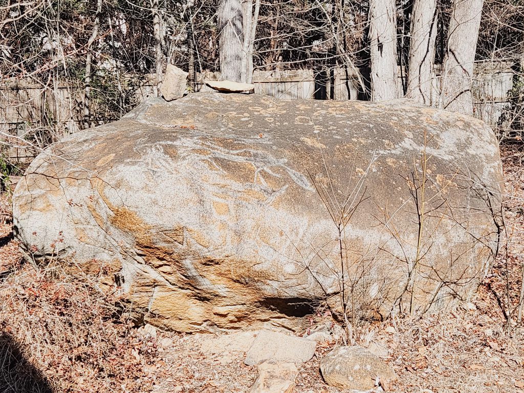 Large weathered rock surrounded by leafless trees and dry foliage