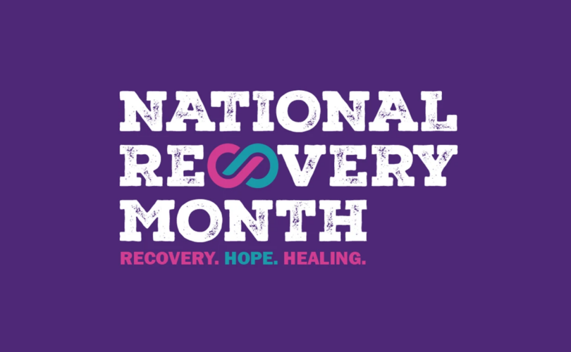 National Recovery Month with purple background and intertwined ribbon symbol