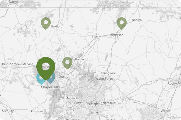 Map showing clustered location markers near Chapel Hill and surrounding cities