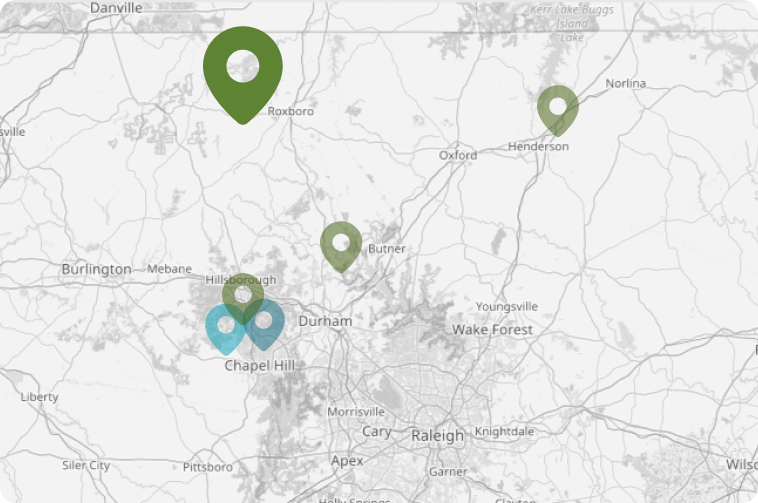 Map showing location markers in Roxboro, Hillsborough, Butner, and Henderson areas