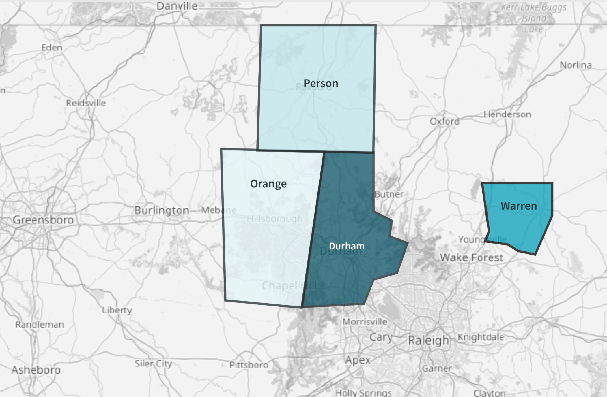 Map highlighting Durham, Orange, Person, and Warren counties with varying blue shades