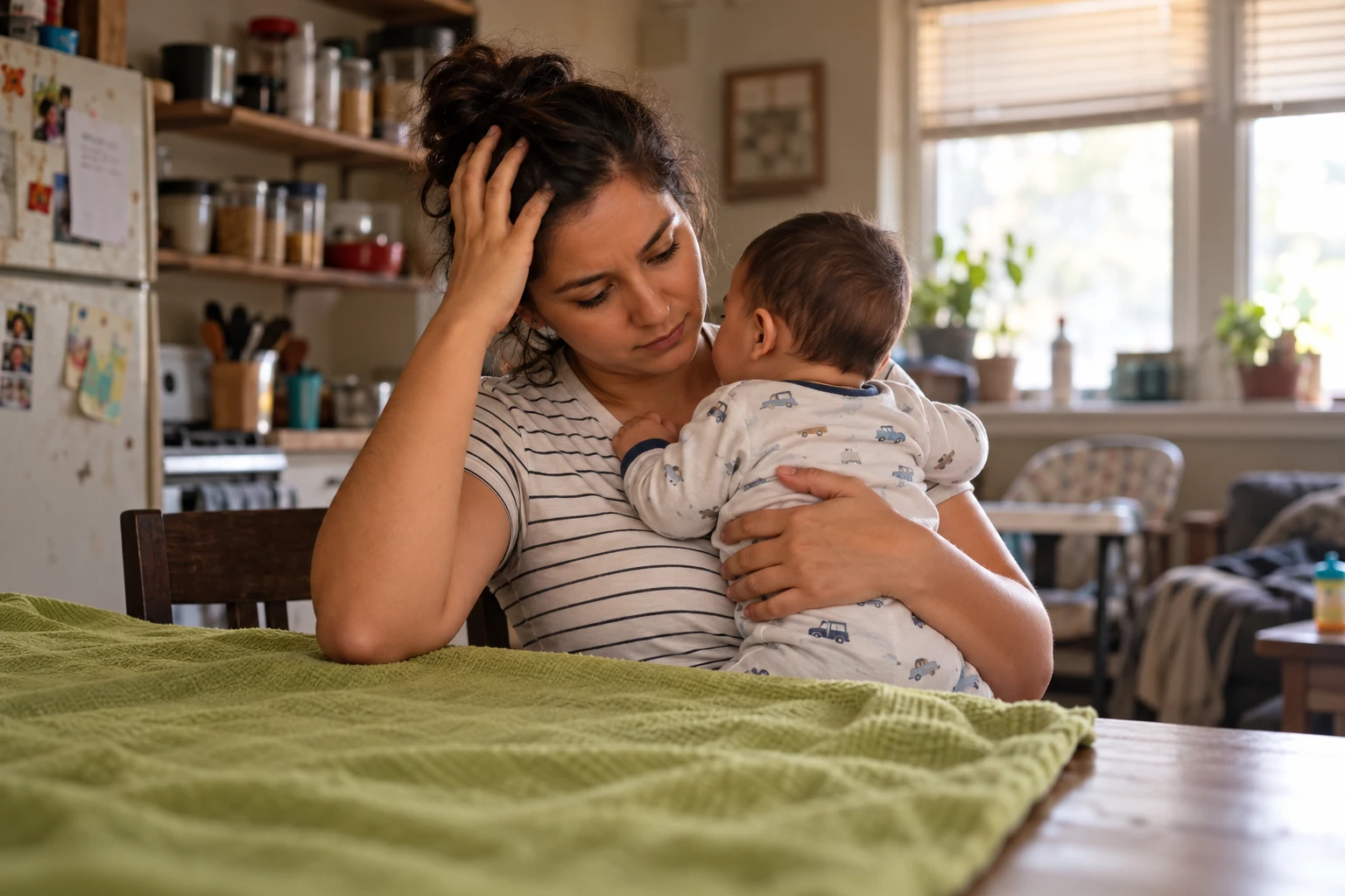 Mom holding a small baby, looking overwhelmed.