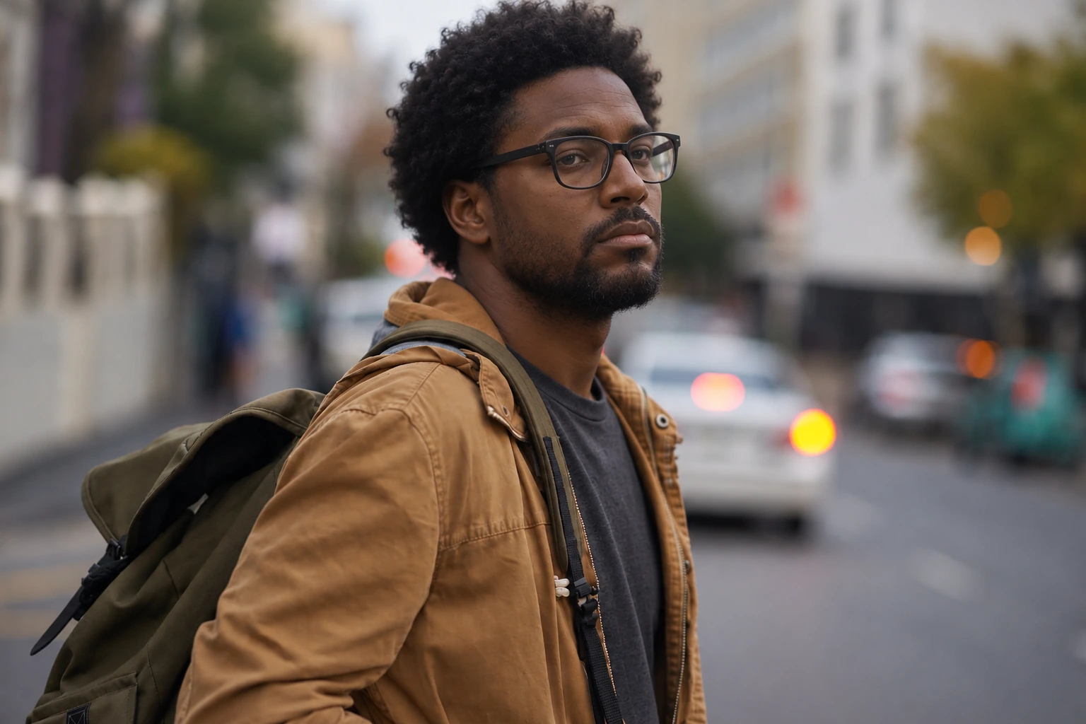 Urban man walking on sidewalk, looking at a city street.